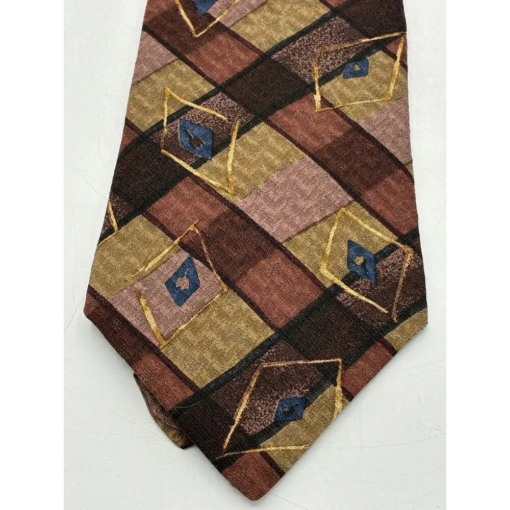 Vintage Bugatti Italian Silk Necktie Brown Geometric Abstract Mens Tie